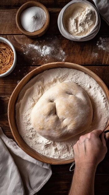 scenario dettagliato dedicato all'impasto del pane pieno di ingredienti dettagliati sul tavolo di legno