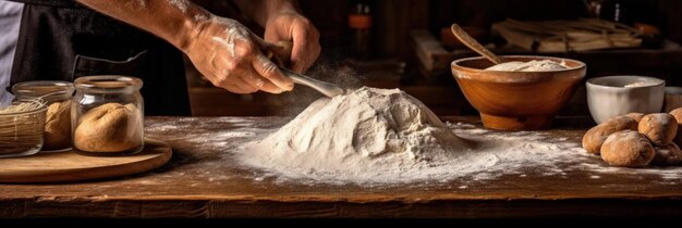 scenario dettagliato dedicato all'impasto del pane pieno di ingredienti dettagliati sul tavolo di legno