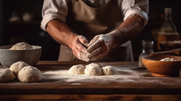 scenario dettagliato dedicato all'impasto del pane pieno di ingredienti dettagliati sul tavolo di legno