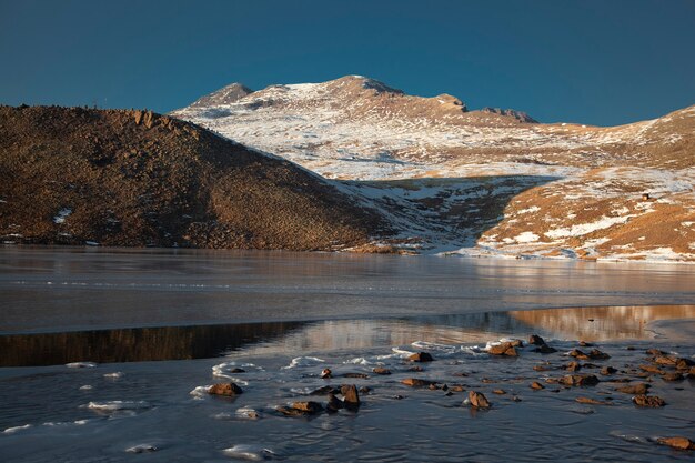 Scenario di alta montagna con lago in inverno