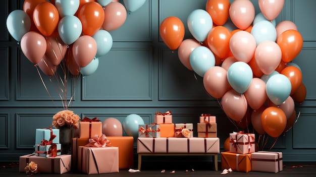 Scenario di festa di compleanno con palloncini e regali