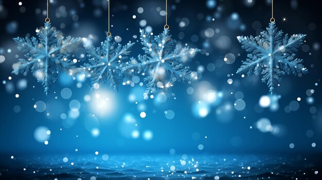 Scenario di fiocchi di neve sullo sfondo del cielo blu stellato con la neve che luccica per l'inverno natalizio