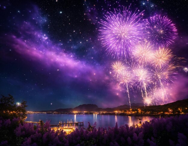 Scenario di fuochi d'artificio di festa viola con scintille di stelle colorate e nebulose luminose sul cielo notturno nero bellezza incredibile spettacolo di fiammiferi colorati per la celebrazione che mostra gli sfondi delle vacanze