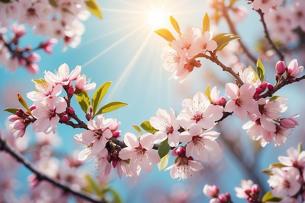 Scenario di natura bellissima con alberi in fiore e fiori di sole Giorno soleggiato Fiori di primavera Bellissimo frutteto Scenario sfocato Primavera