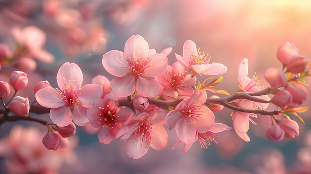 Scenario di natura bellissima con alberi in fiore e raggi solari Giorno soleggiato Fiori primaverili bellissimi frutteti e sfondo astratto sfocato Primavera