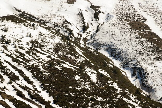 Scenario di neve che si scioglie in montagna.