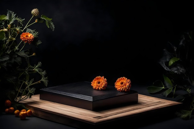Scenario di podio in legno nero cubico naturale con crisantemo nello studio fotografico