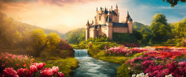 scenario fantastico epico con un castello in un bellissimo paesaggio con un fiume e un campo con flowe rosa