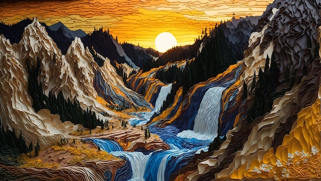 Scenario magico del parco nazionale di Yellowstone con design artistico quilling in carta filigrana generato da AI