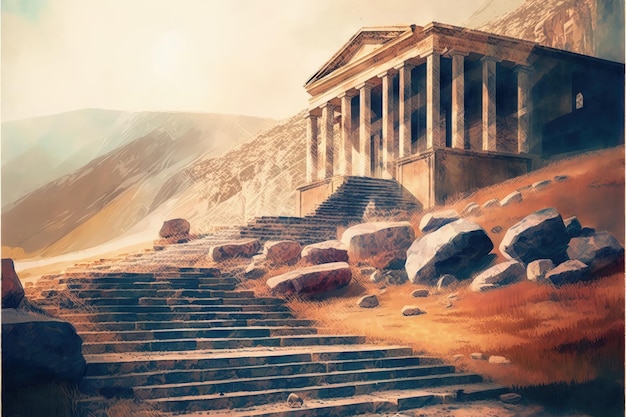 Scenario mozzafiato della scalinata in pietra che conduce ad antichi edifici in cima alla collina Concetto di fantasia Pittura illustrativa IA generativa