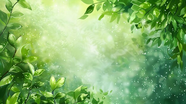 Scenario verde vibrante con gocce d'acqua e piante