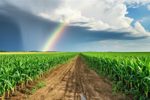 Scene agricole in Ucraina con filari e campi di mais sotto un cielo nuvoloso e un arcobaleno sul bac