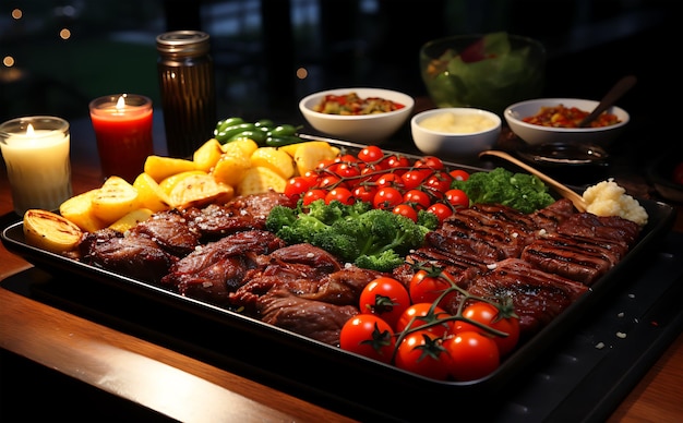 Scene di preparazione di cibi più deliziosi, tra cui un barbecue su un piatto grande per la cena