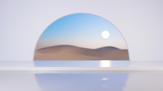 Scene estetiche con piscina a cancello ad arco in primo piano e sfondo deserto di sabbia foto premium render 3d