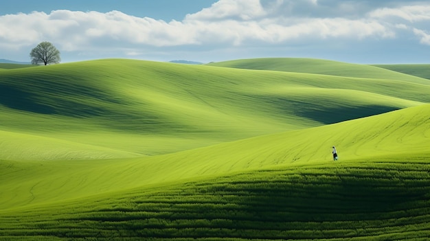 Scene pastorali serene Una foto ispirata al National Geographic di una persona alta su una collina verde