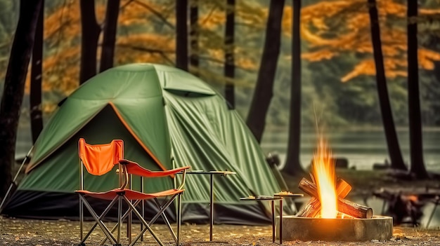 Scenic falò illumina sedie e tenda da campeggio in mezzo alla foresta