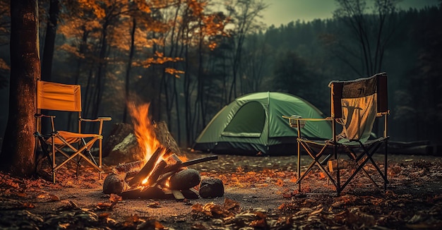 Scenic falò illumina sedie e tenda da campeggio in mezzo alla foresta