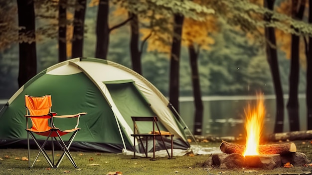 Scenic falò illumina sedie e tenda da campeggio in mezzo alla foresta