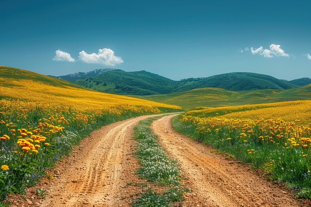 Scenica strada rurale con fiori gialli che porta alle montagne