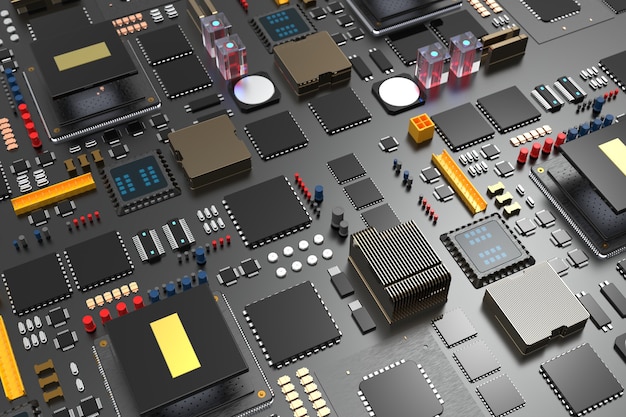 Scheda a circuito stampato con microchip, processori e altre parti del computer