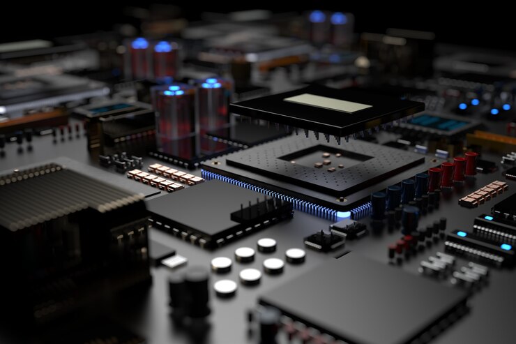 Scheda a circuito stampato con microchip, processori e altre parti del computer