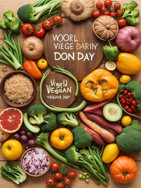 Scheda con il testo VEGAN DAY e prodotti freschi su sfondo di legno