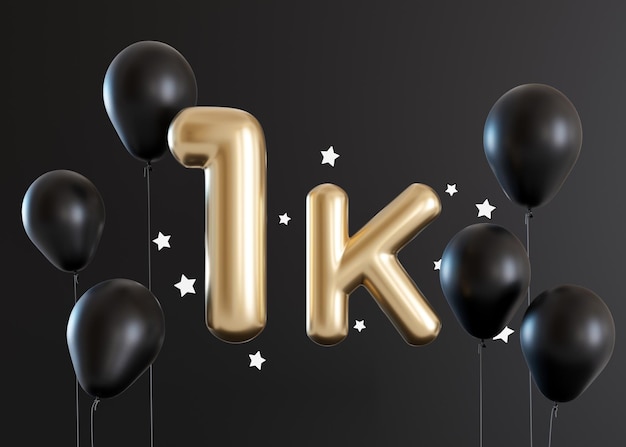 Scheda da 1000 follower con palloncini e stelle su sfondo nero Banner per blog di social network Celebrazione di 1k follower o Mi piace Poster di realizzazione dei social media Un migliaio di abbonati rendering 3d