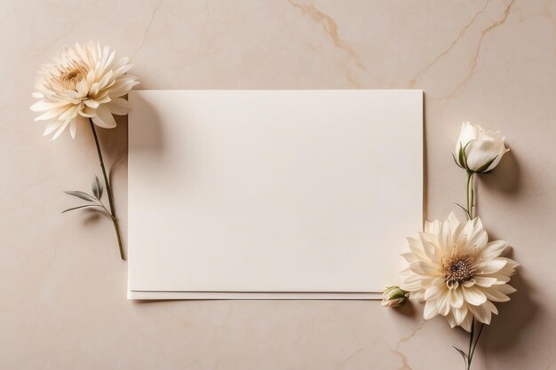 Scheda di carta bianca con spazio di copia di modello fiori secchi parete beige neutra