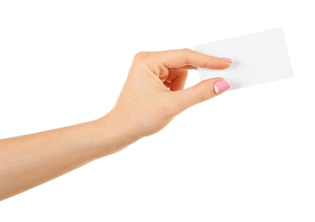 Scheda femminile della holding della mano isolata su bianco