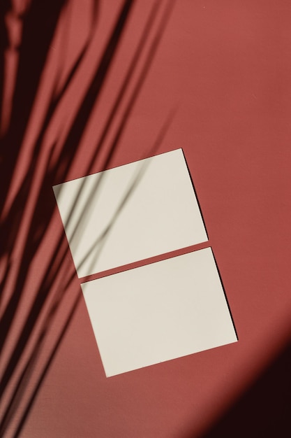 Scheda foglio di carta bianca con spazio di copia mockup Sfondo rosso cremisi con silhouette di ombre di luce solare in foglia di palma Ombra floreale estetica