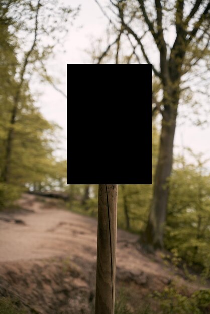 Scheda informativa vuota su un palo di legno sulla foresta Mock up segno di attenzione nel parco nazionale Scheda di avvertimento forestale