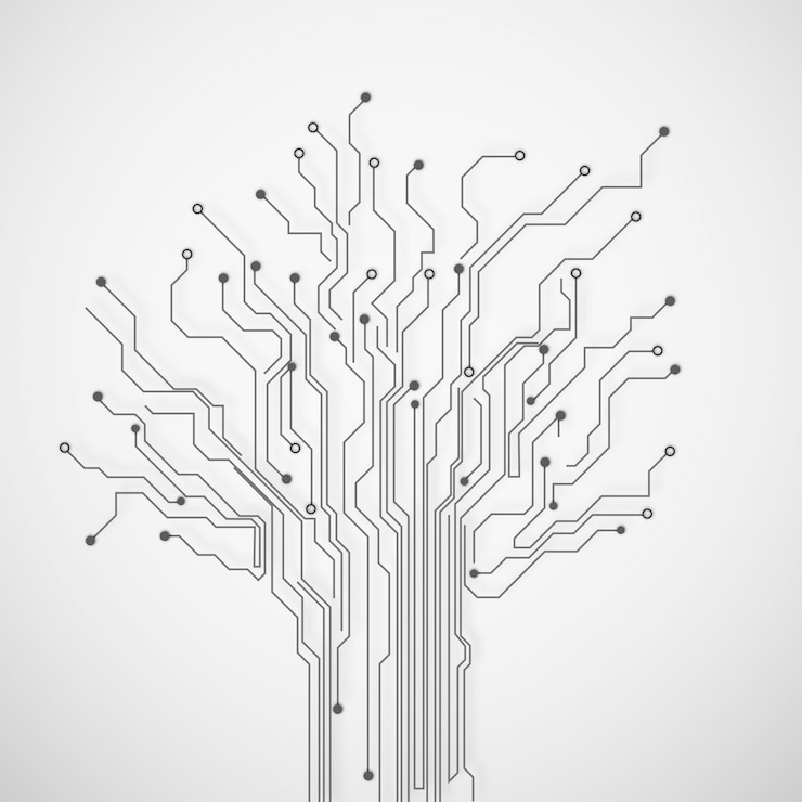 Foto scheda madre e albero di circuiti per la grafica sullo sfondo con connessione rete o tecnologia dell'informazione trasformazione digitale della scienza dei dati e collegamento futuristico per la velocità iot o autostrada web