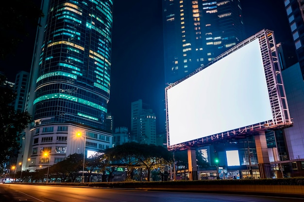 Scheda pubblicitaria bianca di strada sullo sfondo vista laterale del paesaggio cittadino di notte