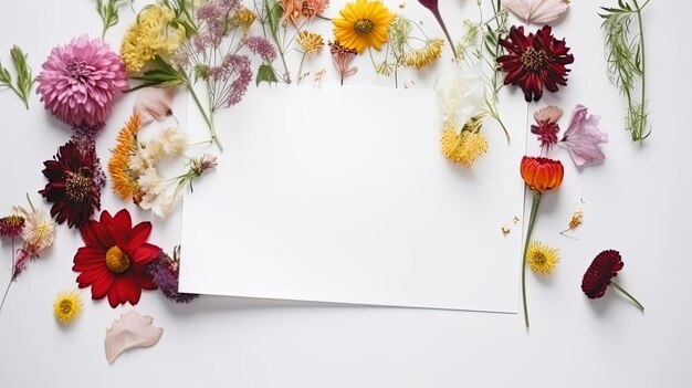 Scheda vuota vista dall'alto con fiori Fiori organici astratti Fioritura floreale su sfondo bianco
