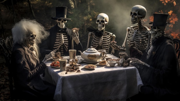 scheletri seduti a un tavolo con una tazza di tè e una taza di tè.