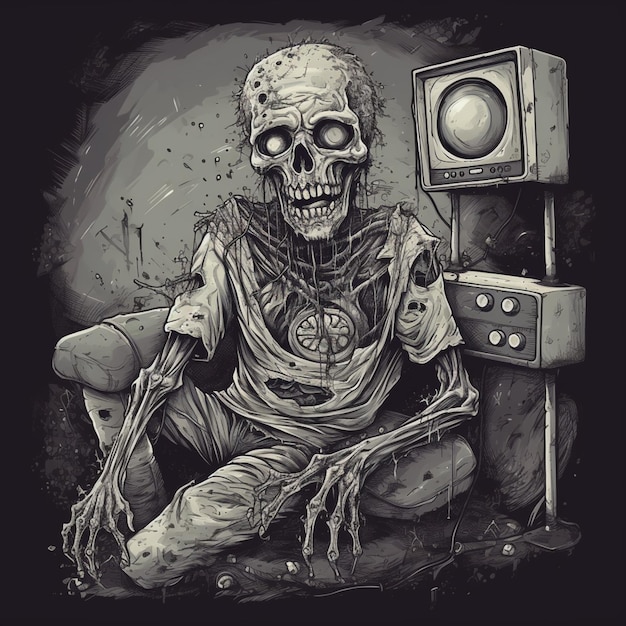 scheletro arafed seduto davanti a un televisore con un apparecchio televisivo generativo ai