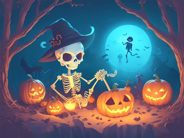 Scheletro che celebra l'immagine ad alto dettaglio della festa di Halloween per lo sfondo della carta da parati della maglietta