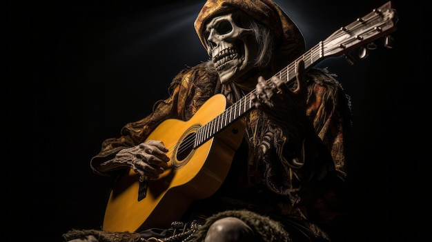 Scheletro che suona la chitarra su sfondo nero solido per Halloween