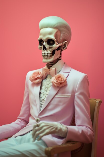 scheletro con un abito rosa seduto su una sedia con uno sfondo rosa generativo ai