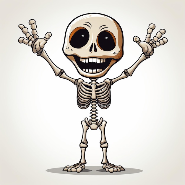 scheletro di cartone animato con le braccia in alto e le mani in alto