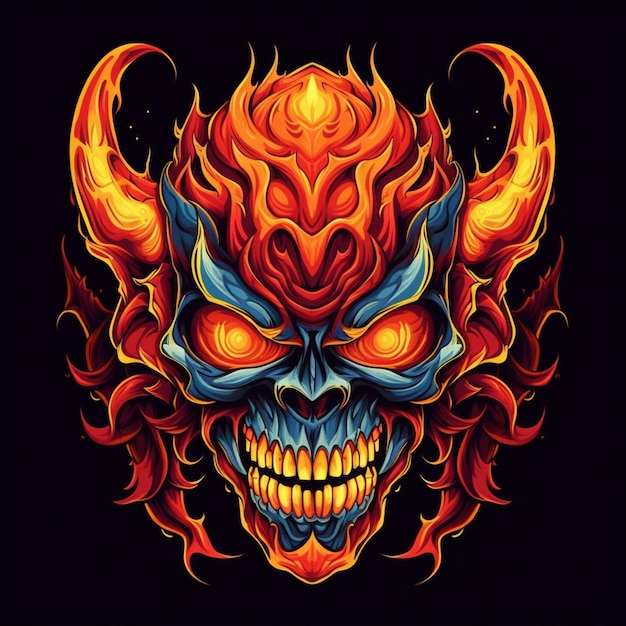 Scheletro di demone testa testa corna fuoco mascotte logo illustrazione AI Generata Art