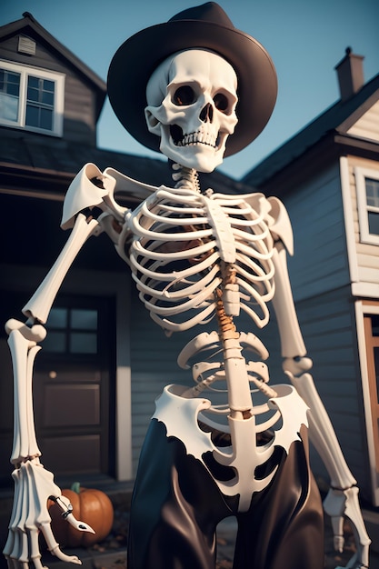 Scheletro di Halloween davanti a una casa stregata