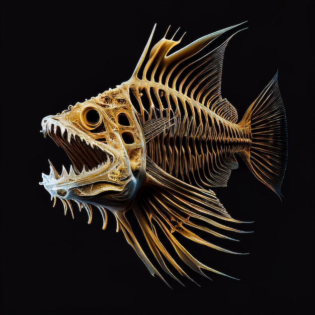 Scheletro di pesce predatore con grandi denti isolati su nero da vicino, horror, insolita carta da parati fantasy