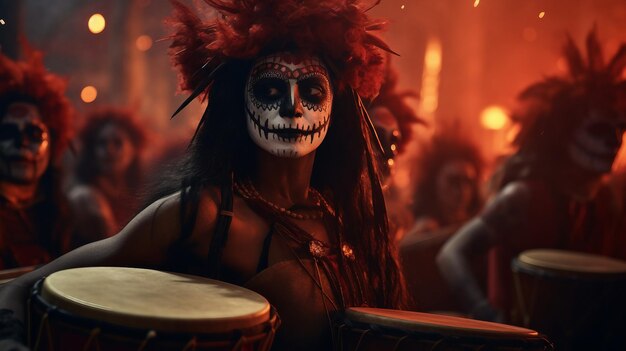 Scheletro mascherato che suona il tamburo Spettrale interprete musicale in azione Il giorno dei morti