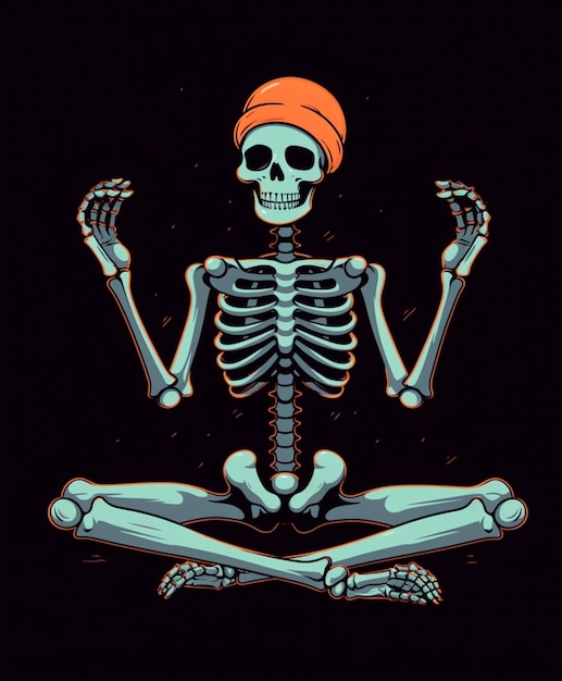 scheletro seduto in una postura di yoga con cappello arancione e sciarpa arancione generativo ai