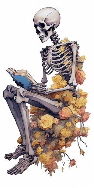 scheletro seduto su un mucchio di foglie che legge un libro generativo ai
