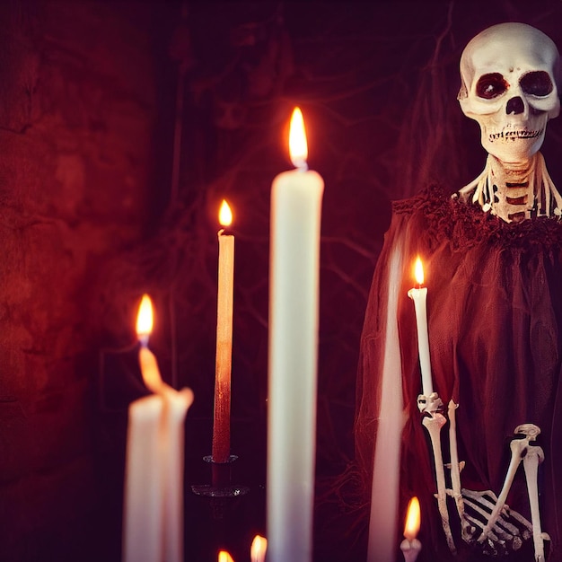 Scheletro spaventoso con illustrazione di candele Sfondo di Halloween