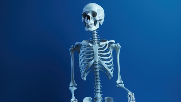 Scheletro umano sullo sfondo blu chiaro della lampada Anatomia scientifica del corpo Mostra medica generata dall'IA