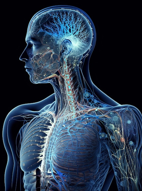 Schema anatomico del corpo cyborg umanoide e intelligenza artificiale