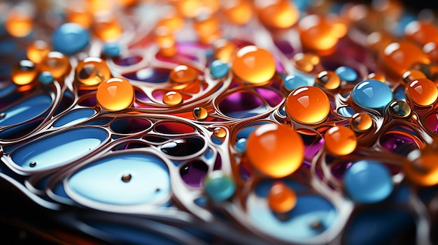 Schema astratto di gocce di liquido multicolore sulla superficie lucida del tavolo